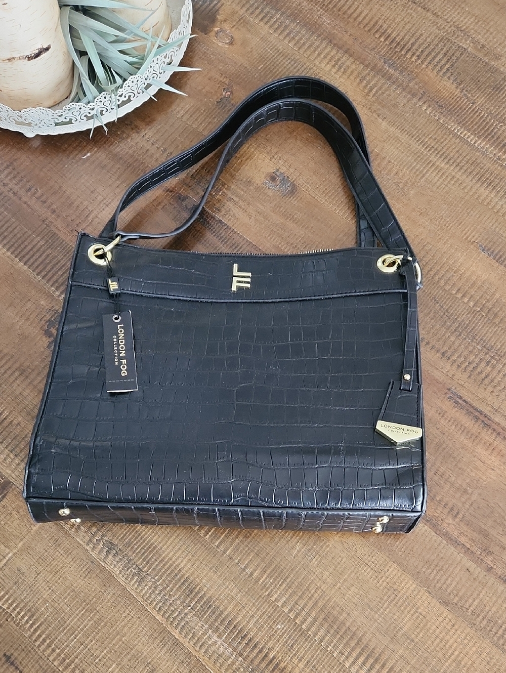 London Fog Black Croc-Embossed Shoulder Bag